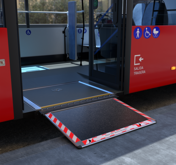 Rampa dual o doble eléctrica y manual, instalada en un autobús